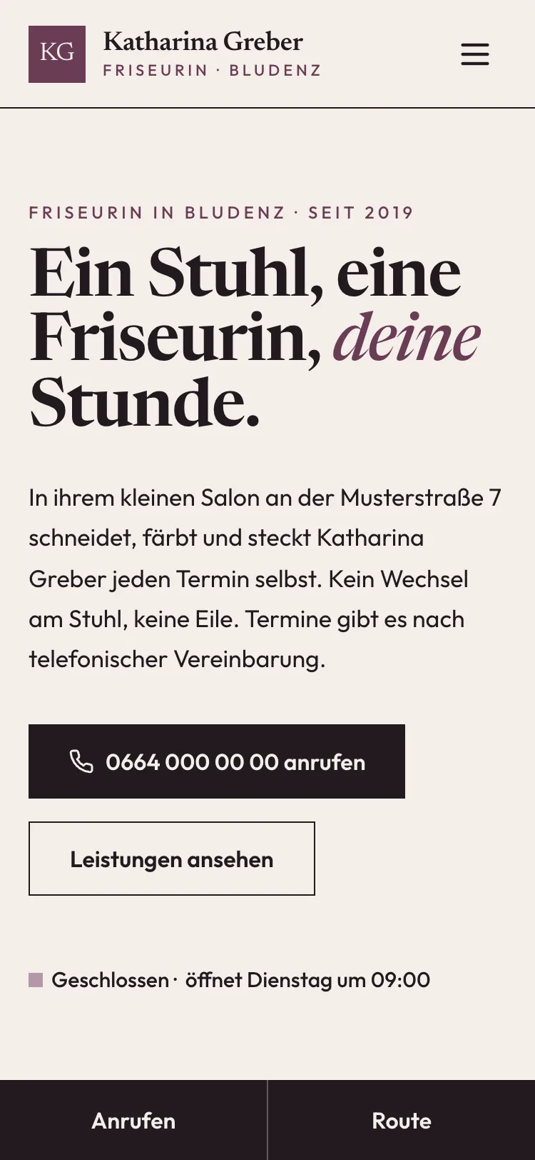 Startseite der Demo Katharina Greber, Friseurin, auf dem Computer und auf dem Handy